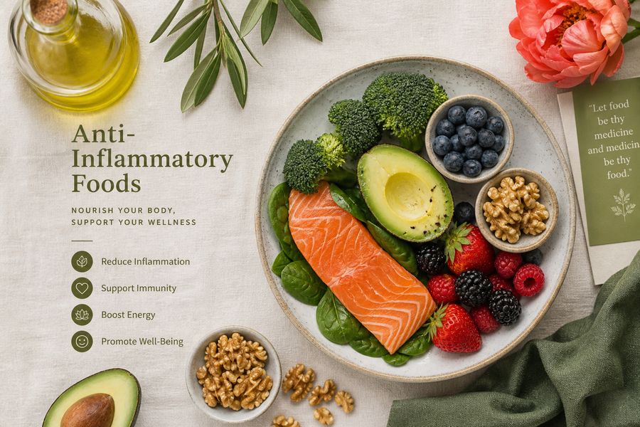 Talíř s protizánětlivými produkty — losos, avokádo, olivový olej, brokolice